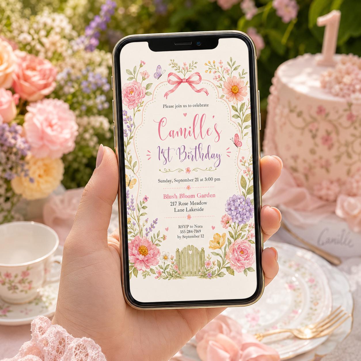 Editable Pink Bow Birthday Invitation Canva Template, Boho Floral Girls Kids Bow Cute Fun DIY Chic Party Invite, Printable Digital Download.