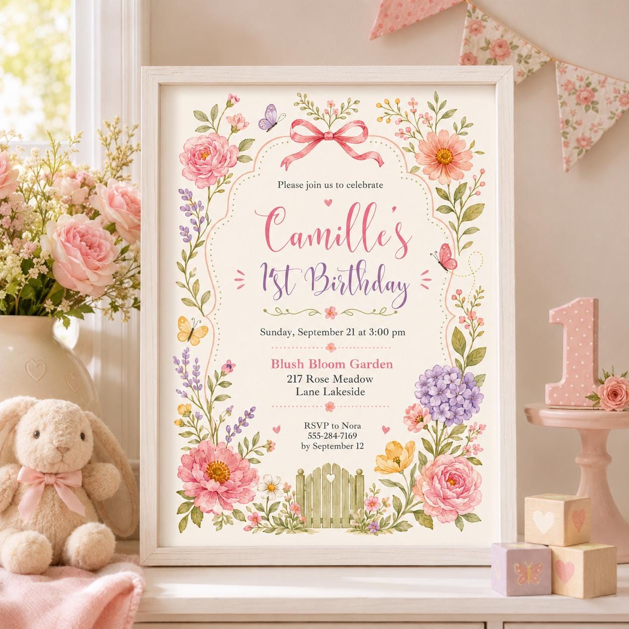 Editable Pink Bow Birthday Invitation Canva Template, Boho Floral Girls Kids Bow Cute Fun DIY Chic Party Invite, Printable Digital Download.