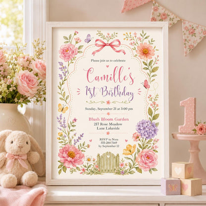 Editable Pink Bow Birthday Invitation Canva Template, Boho Floral Girls Kids Bow Cute Fun DIY Chic Party Invite, Printable Digital Download.