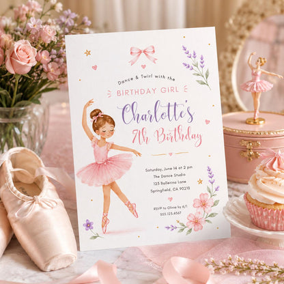 Editable Ballet Birthday Invitation Canva Template, Pink Pastel Cute Girls Fun DIY Sweet Chic Kids Party Invite, Printable Digital Download.