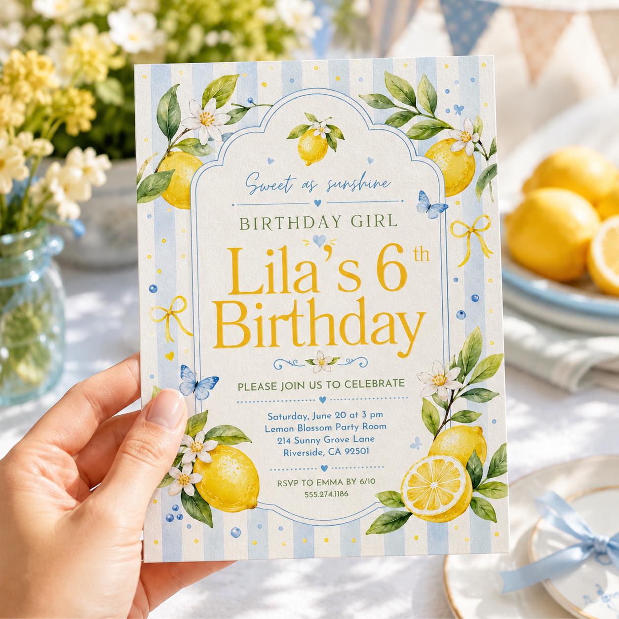 Editable Lemon Freshly 6th Graduation Invitation Canva Template, Girls Kids Cute Fun DIY Chic Teen Party Invite, Printable Digital Download.
