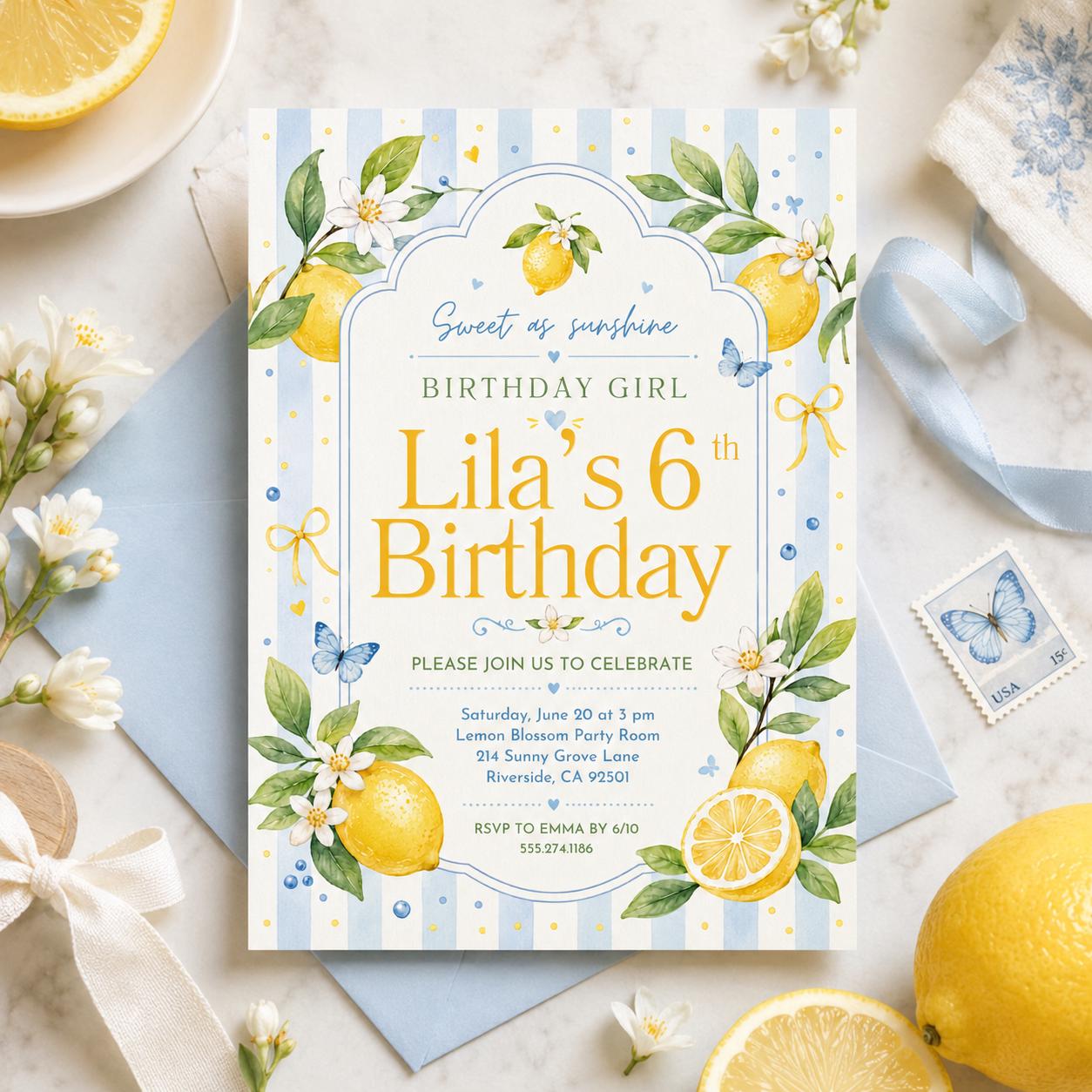 Editable Lemon Freshly 6th Graduation Invitation Canva Template, Girls Kids Cute Fun DIY Chic Teen Party Invite, Printable Digital Download.