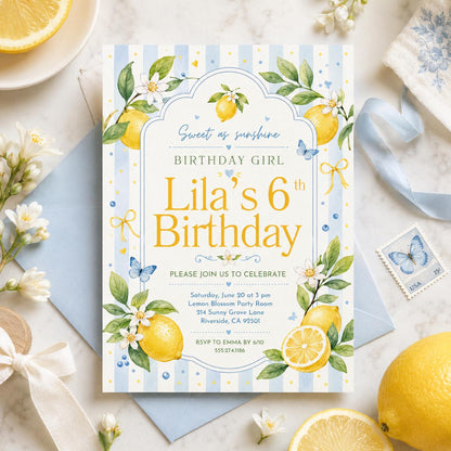 Editable Lemon Freshly 6th Graduation Invitation Canva Template, Girls Kids Cute Fun DIY Chic Teen Party Invite, Printable Digital Download.