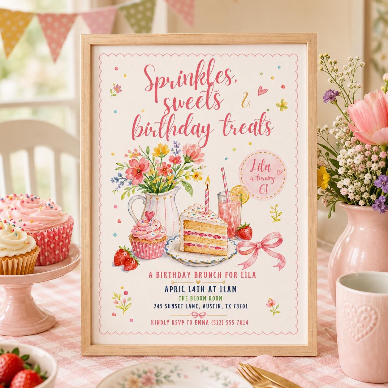 Editable Floral Birthday Invitation Canva Template, Pink Girls Kids Adult Floral Cute Fun DIY Chic Party Invite, Printable Digital Download.
