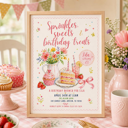 Editable Floral Birthday Invitation Canva Template, Pink Girls Kids Adult Floral Cute Fun DIY Chic Party Invite, Printable Digital Download.