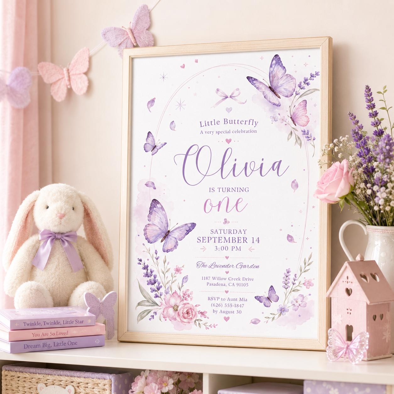 Editable Floral Birthday Invitation Canva Template, Purple Girls Cute Fun DIY Sweet Chic Kids Teen Party Invite, Printable Digital Download.