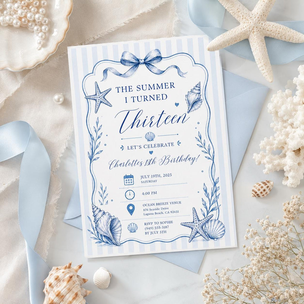 Editable Coastal Birthday Invitation Canva Template, Blue Girls Teens Beach Cute Fun DIY Chic Kids Party Invite, Printable Digital Download.
