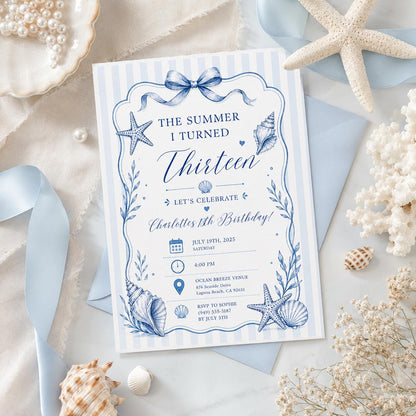 Editable Coastal Birthday Invitation Canva Template, Blue Girls Teens Beach Cute Fun DIY Chic Kids Party Invite, Printable Digital Download.