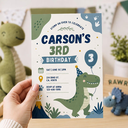 Editable Dinosaur Birthday Invitation Canva Template, Boys Kids Dino Cute Modern Fun DIY Chic Teen Party Invite, Printable Digital Download.