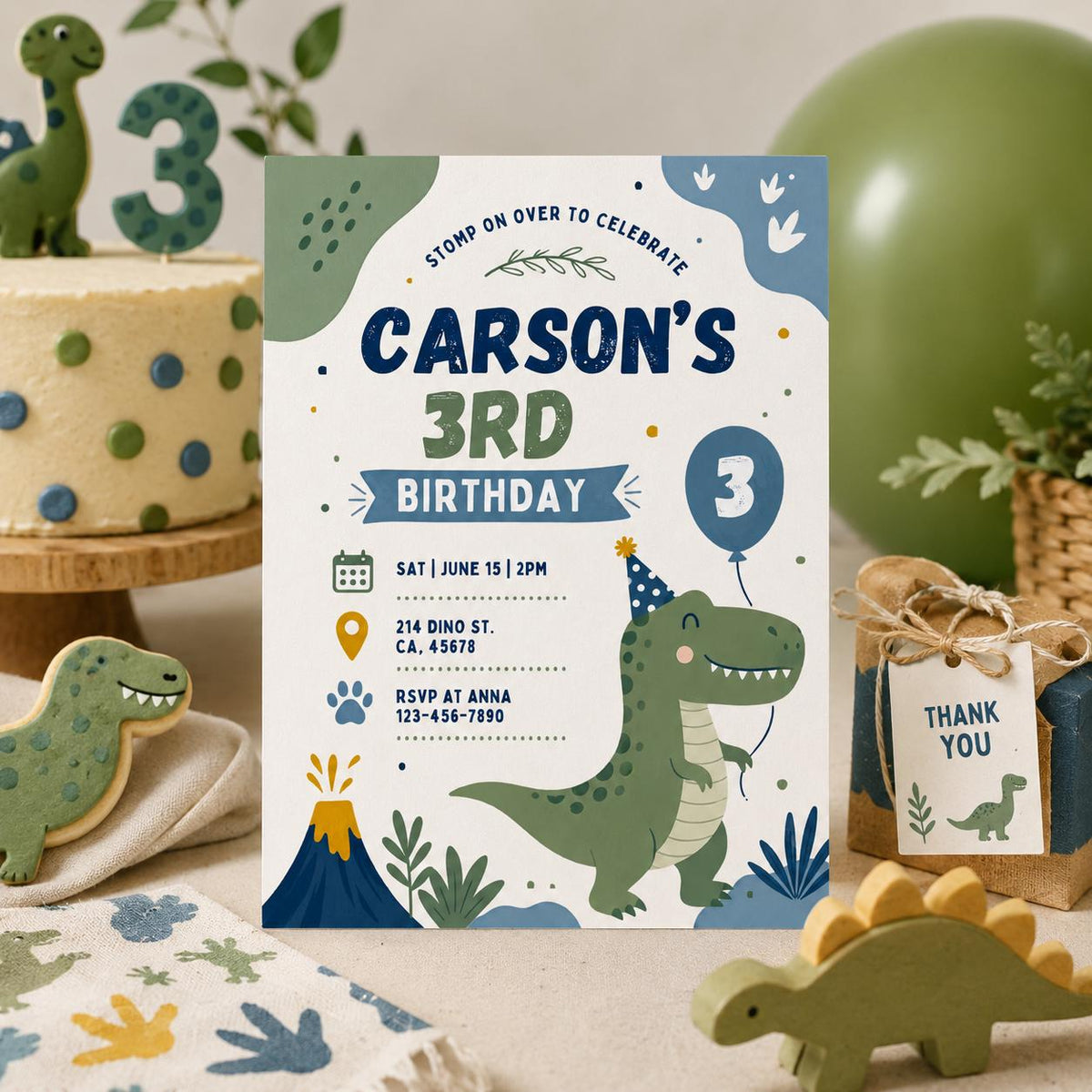 Editable Dinosaur Birthday Invitation Canva Template, Boys Kids Dino Cute Modern Fun DIY Chic Teen Party Invite, Printable Digital Download.