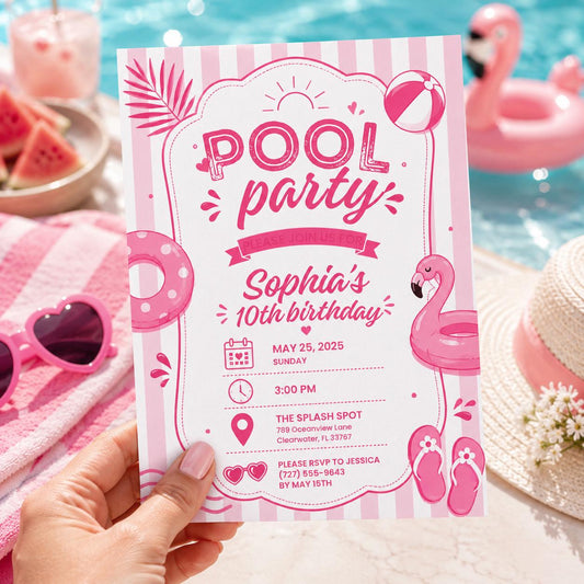 Editable Pool Birthday Invitation Canva Template, Girls Teens Pool Cute Modern Fun Themed DIY Chic Party Invite, Printable Digital Download.