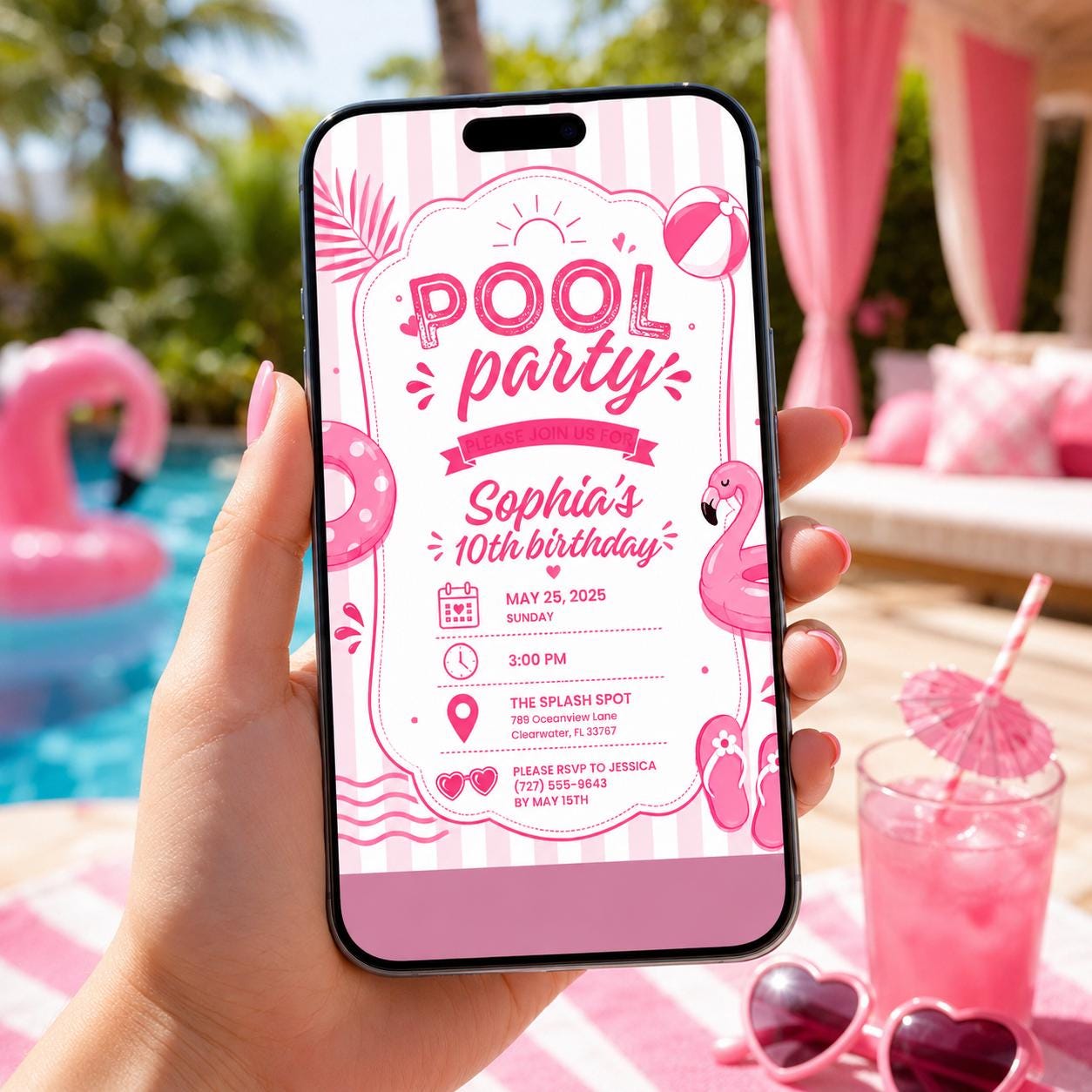 Editable Pool Birthday Invitation Canva Template, Girls Teens Pool Cute Modern Fun Themed DIY Chic Party Invite, Printable Digital Download.