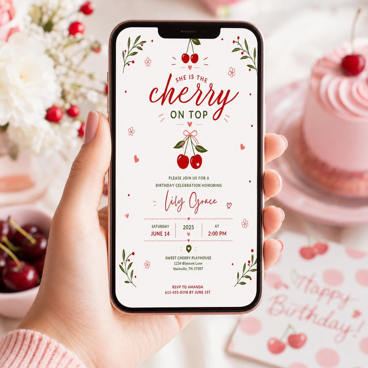 Editable Cherry Baby Shower Invitation Canva Template, Pink Cute Floral Minimal Girls Kids Fun DIY Party Invite, Printable Digital Download.