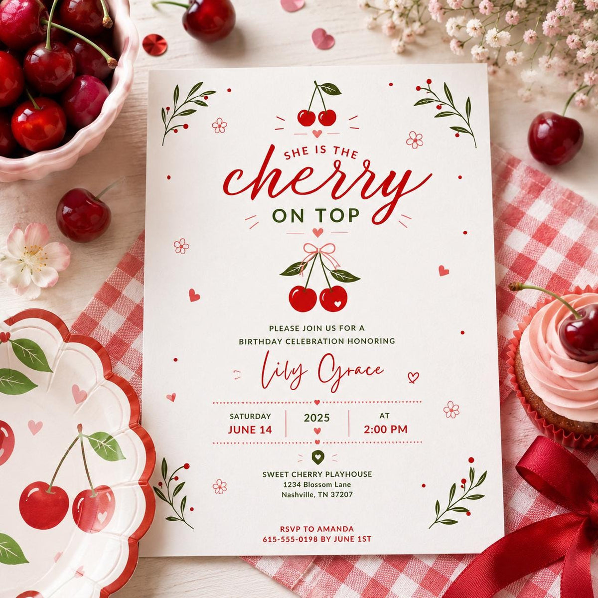 Editable Cherry Baby Shower Invitation Canva Template, Pink Cute Floral Minimal Girls Kids Fun DIY Party Invite, Printable Digital Download.