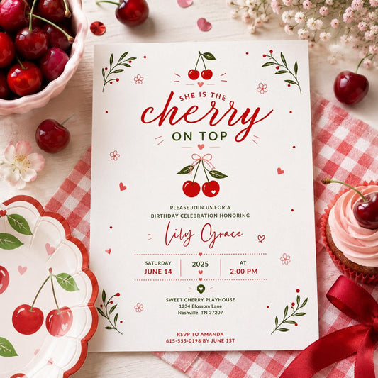 Editable Cherry Baby Shower Invitation Canva Template, Pink Cute Floral Minimal Girls Kids Fun DIY Party Invite, Printable Digital Download.