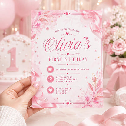 Editable Pink and Red Heart Birthday Invitation Canva Template, Retro Girls Cute Fun DIY Chic Kids Party Invite, Printable Digital Download.