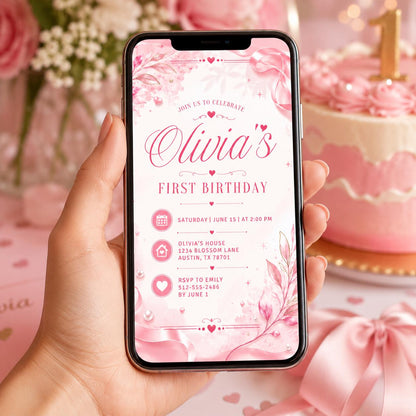 Editable Pink and Red Heart Birthday Invitation Canva Template, Retro Girls Cute Fun DIY Chic Kids Party Invite, Printable Digital Download.
