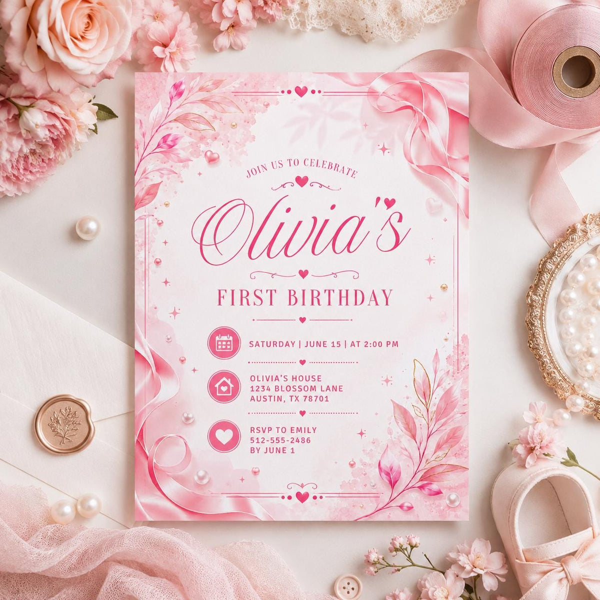 Editable Pink and Red Heart Birthday Invitation Canva Template, Retro Girls Cute Fun DIY Chic Kids Party Invite, Printable Digital Download.