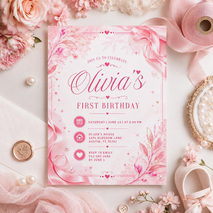 Editable Pink and Red Heart Birthday Invitation Canva Template, Retro Girls Cute Fun DIY Chic Kids Party Invite, Printable Digital Download.