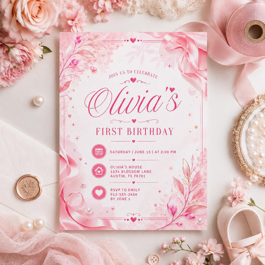 Editable Pink and Red Heart Birthday Invitation Canva Template, Retro Girls Cute Fun DIY Chic Kids Party Invite, Printable Digital Download.