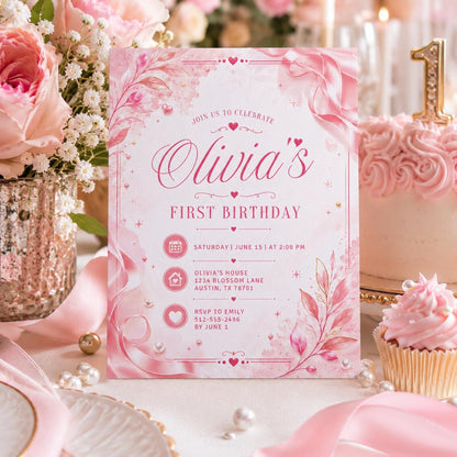Editable Pink and Red Heart Birthday Invitation Canva Template, Retro Girls Cute Fun DIY Chic Kids Party Invite, Printable Digital Download.