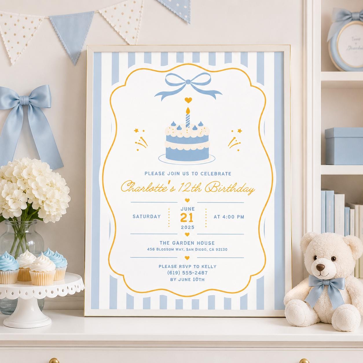 Editable Cake Birthday Invitation Canva Template, Pink Red Retro Girls Cake Cute Fun DIY Chic Kids Party Invite, Printable Digital Download.