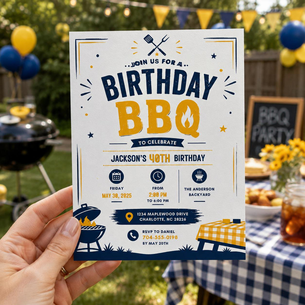 Editable Bbq Birthday Invitation Canva Template, Blue Boys Kids Adult Cute Fun DIY Sweet Chic Teen Party Invite, Printable Digital Download.