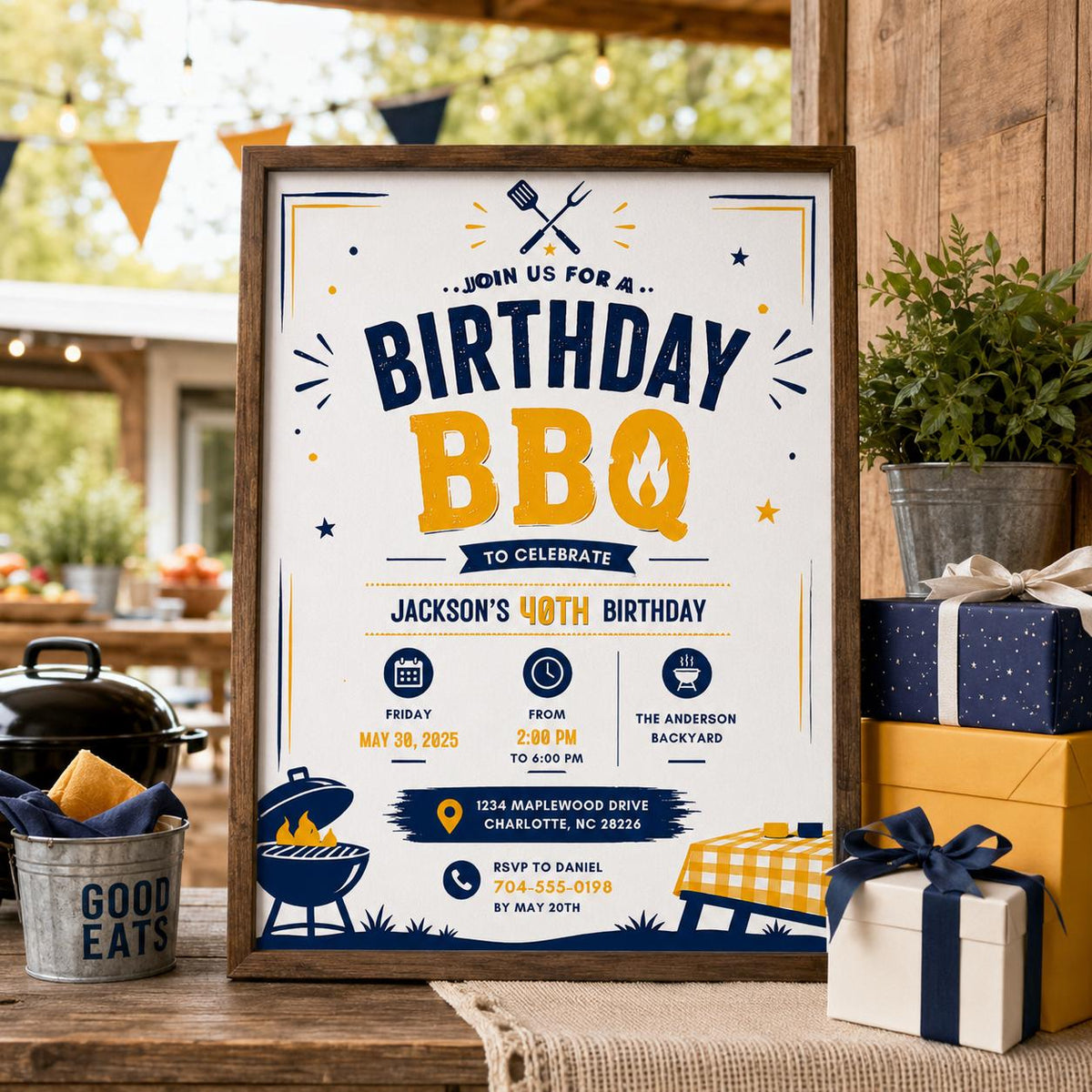 Editable Bbq Birthday Invitation Canva Template, Blue Boys Kids Adult Cute Fun DIY Sweet Chic Teen Party Invite, Printable Digital Download.