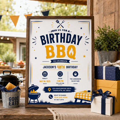 Editable Bbq Birthday Invitation Canva Template, Blue Boys Kids Adult Cute Fun DIY Sweet Chic Teen Party Invite, Printable Digital Download.