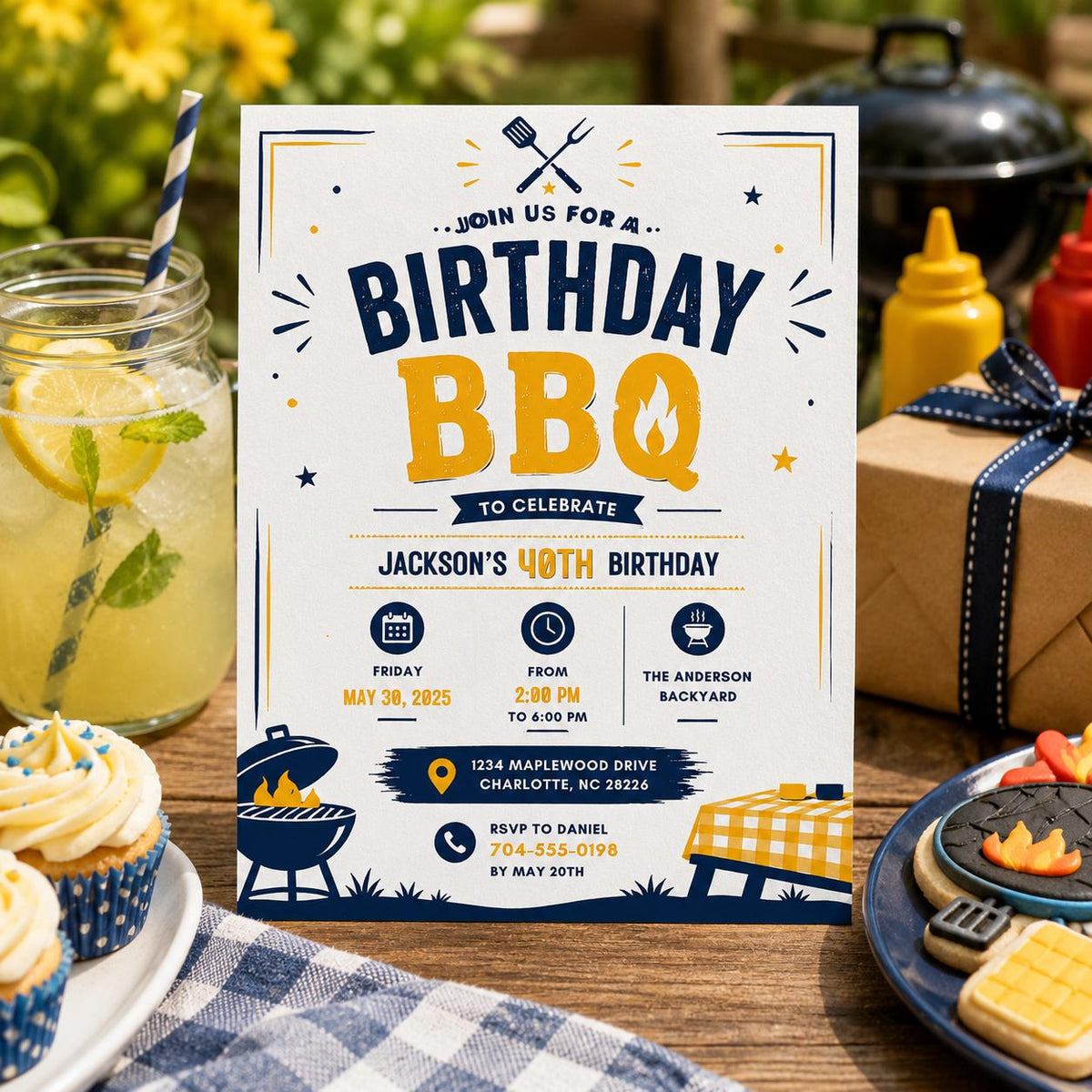 Editable Bbq Birthday Invitation Canva Template, Blue Boys Kids Adult Cute Fun DIY Sweet Chic Teen Party Invite, Printable Digital Download.