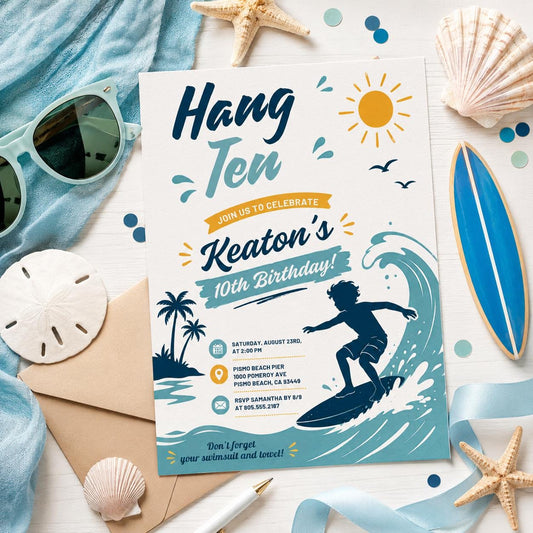 Editable Beach Birthday Invitation Canva Template, Boys Kids Beach Cute Modern Fun Themed DIY Chic Party Invite, Printable Digital Download.
