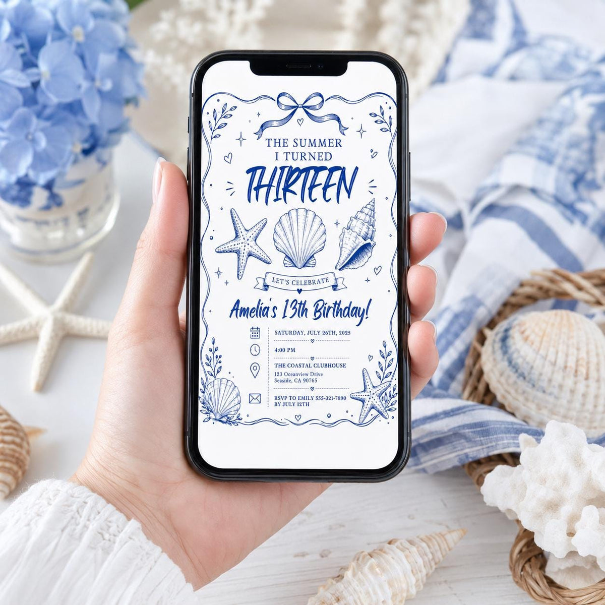Editable Coastal Birthday Invitation Canva Template, Blue Girls Teens Beach Cute Fun DIY Chic Kids Party Invite, Printable Digital Download.