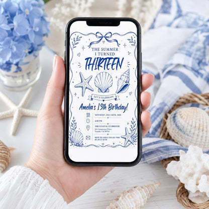 Editable Coastal Birthday Invitation Canva Template, Blue Girls Teens Beach Cute Fun DIY Chic Kids Party Invite, Printable Digital Download.