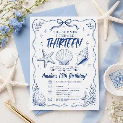 Editable Coastal Birthday Invitation Canva Template, Blue Girls Teens Beach Cute Fun DIY Chic Kids Party Invite, Printable Digital Download.