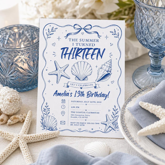 Editable Coastal Birthday Invitation Canva Template, Blue Girls Teens Beach Cute Fun DIY Chic Kids Party Invite, Printable Digital Download.