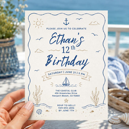 Editable Coastal Birthday Invitation Canva Template, Adult Beach Cute Fun DIY Sweet Chic Kids Teen Party Invite, Printable Digital Download.