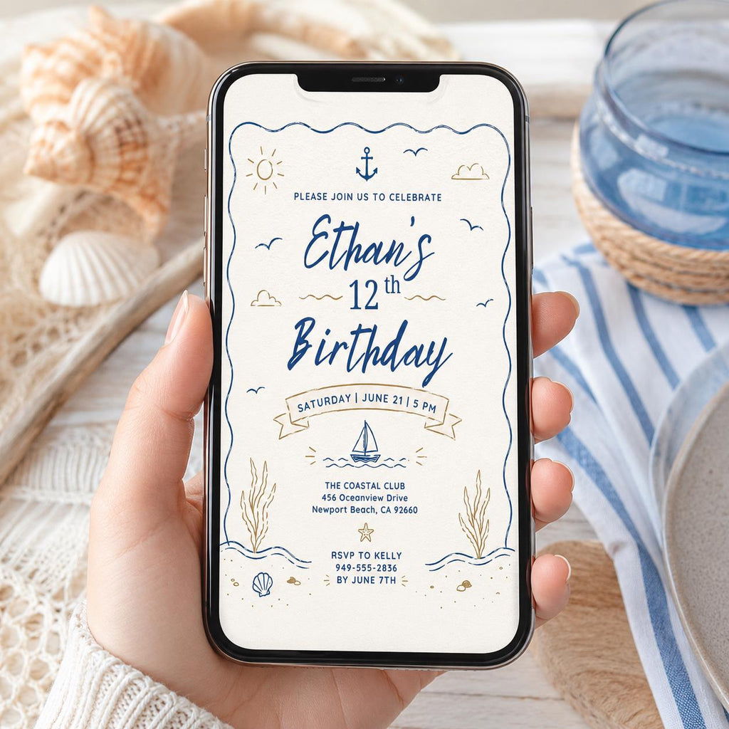 Editable Coastal Birthday Invitation Canva Template, Adult Beach Cute Fun DIY Sweet Chic Kids Teen Party Invite, Printable Digital Download.