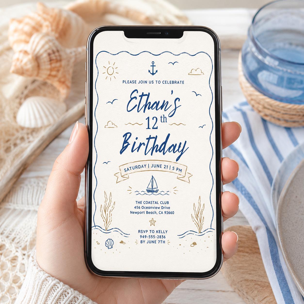 Editable Coastal Birthday Invitation Canva Template, Adult Beach Cute Fun DIY Sweet Chic Kids Teen Party Invite, Printable Digital Download.