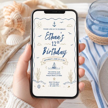 Editable Coastal Birthday Invitation Canva Template, Adult Beach Cute Fun DIY Sweet Chic Kids Teen Party Invite, Printable Digital Download.