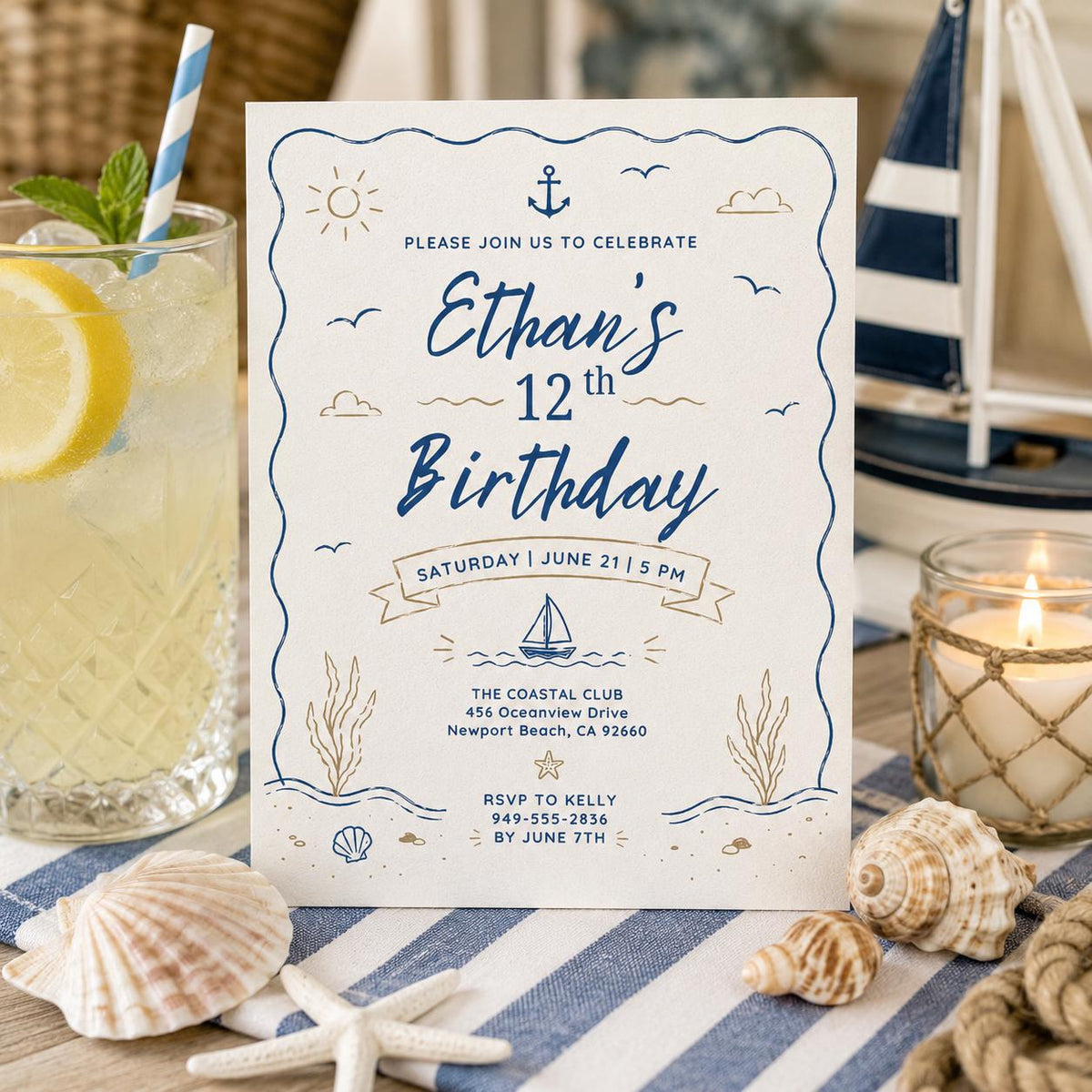 Editable Coastal Birthday Invitation Canva Template, Adult Beach Cute Fun DIY Sweet Chic Kids Teen Party Invite, Printable Digital Download.