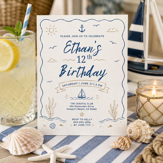 Editable Coastal Birthday Invitation Canva Template, Adult Beach Cute Fun DIY Sweet Chic Kids Teen Party Invite, Printable Digital Download.