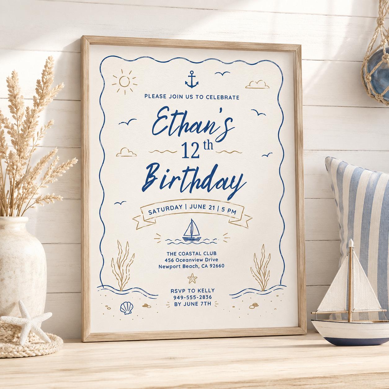 Editable Coastal Birthday Invitation Canva Template, Adult Beach Cute Fun DIY Sweet Chic Kids Teen Party Invite, Printable Digital Download.