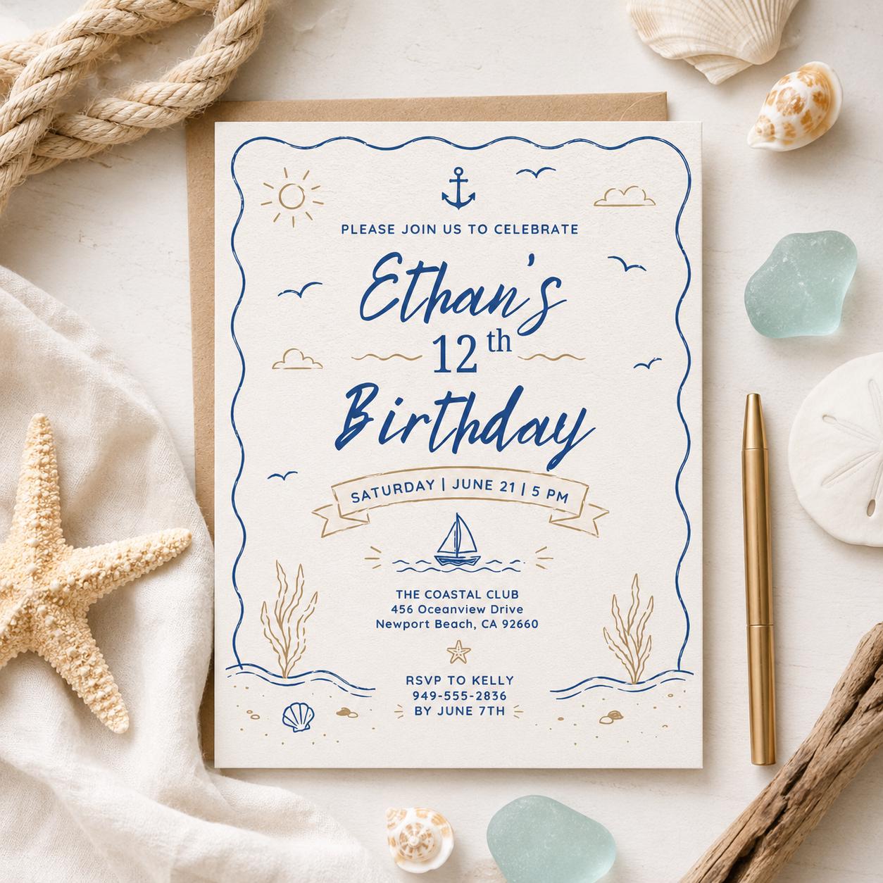 Editable Coastal Birthday Invitation Canva Template, Adult Beach Cute Fun DIY Sweet Chic Kids Teen Party Invite, Printable Digital Download.