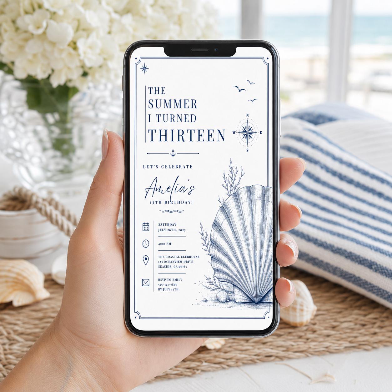 Editable Coastal Birthday Invitation Canva Template, Blue Girls Teens Beach Cute Fun DIY Chic Kids Party Invite, Printable Digital Download.