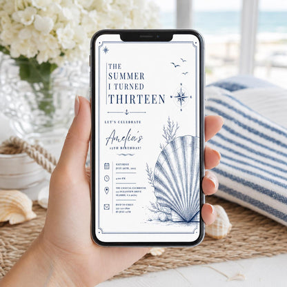 Editable Coastal Birthday Invitation Canva Template, Blue Girls Teens Beach Cute Fun DIY Chic Kids Party Invite, Printable Digital Download.
