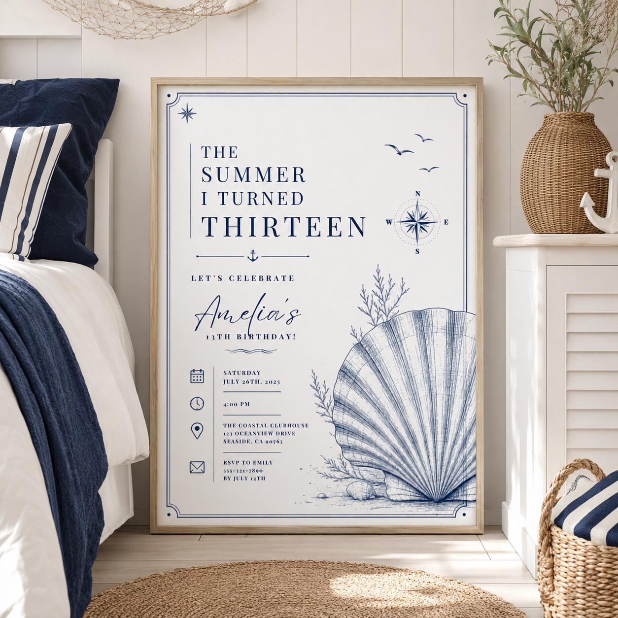 Editable Coastal Birthday Invitation Canva Template, Blue Girls Teens Beach Cute Fun DIY Chic Kids Party Invite, Printable Digital Download.
