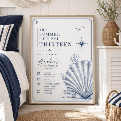 Editable Coastal Birthday Invitation Canva Template, Blue Girls Teens Beach Cute Fun DIY Chic Kids Party Invite, Printable Digital Download.