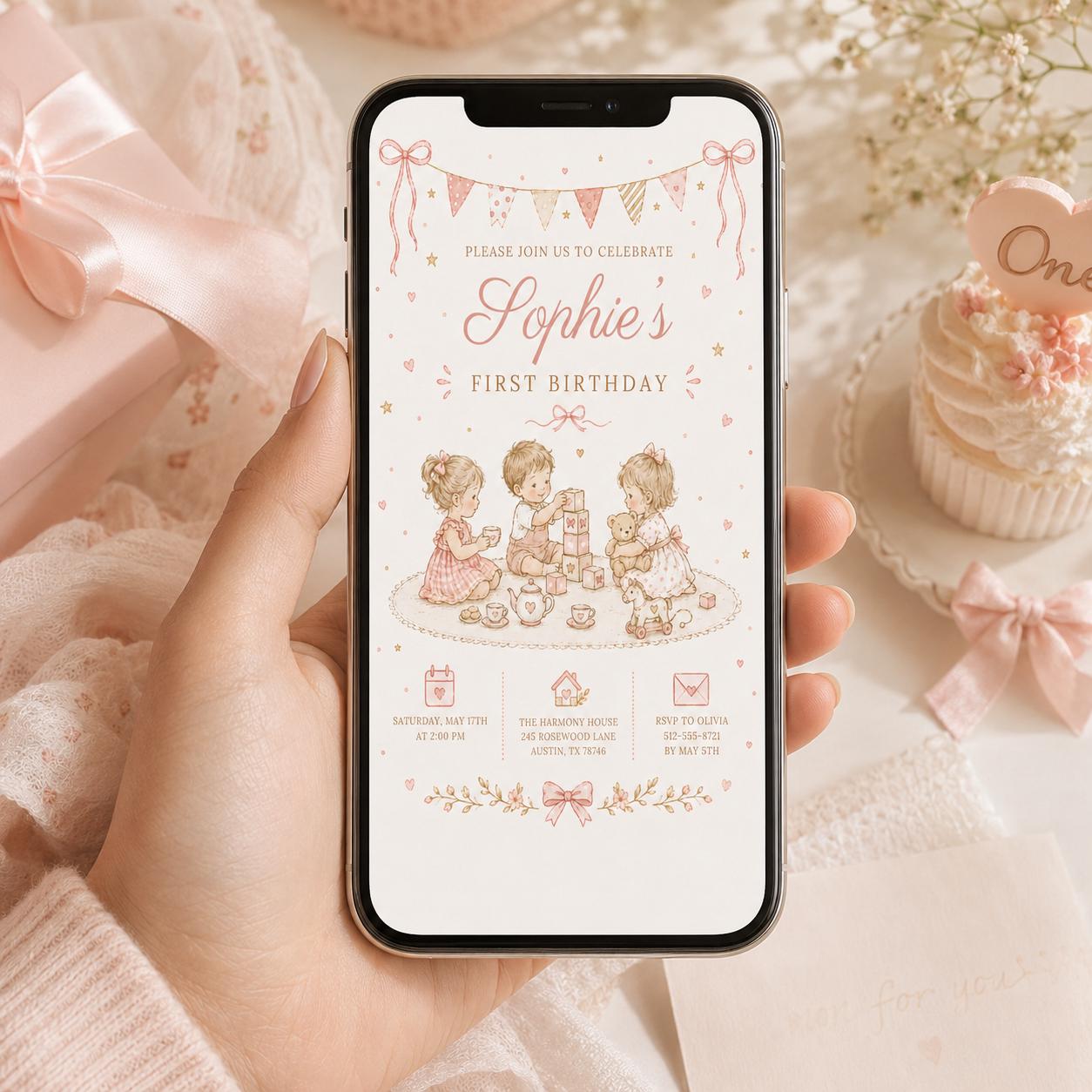 Editable Floral Birthday Invitation Canva Template, Pink Girls Floral Cute Fun DIY Sweet Chic Kids Party Invite, Printable Digital Download.