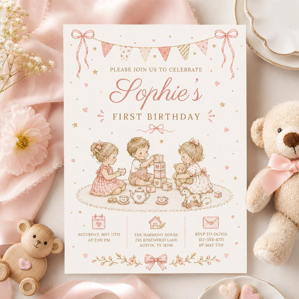 Editable Floral Birthday Invitation Canva Template, Pink Girls Floral Cute Fun DIY Sweet Chic Kids Party Invite, Printable Digital Download.