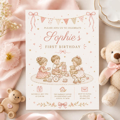 Editable Floral Birthday Invitation Canva Template, Pink Girls Floral Cute Fun DIY Sweet Chic Kids Party Invite, Printable Digital Download.